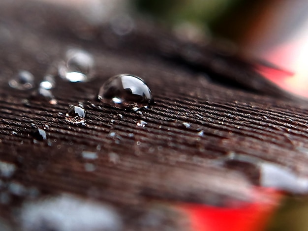 a close up of a water droplet on a piece of wood