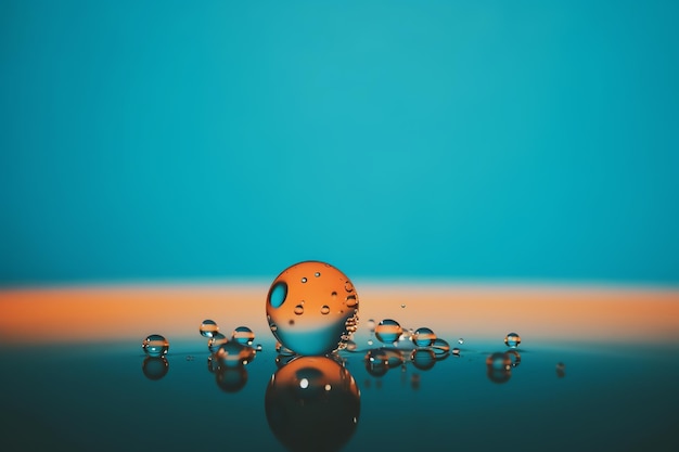 A close up of a water droplet with a blue background.