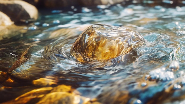 a close up of a water droplet with water flowing over rocks