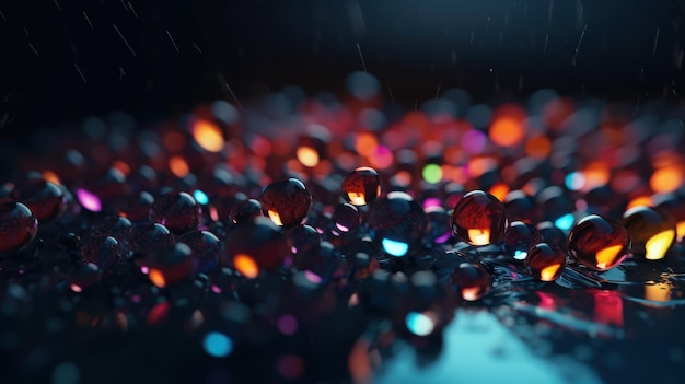 A close up of water droplets on a black surface with a colorful rainbow in the background.