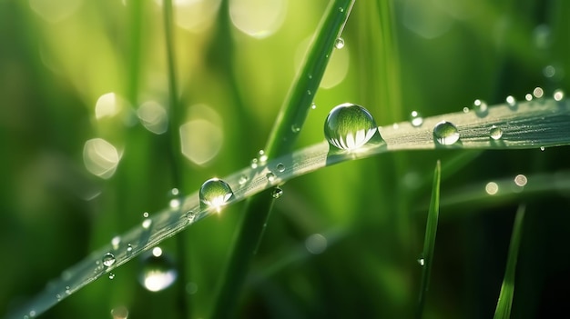 A close up of water droplets on a blade of grass