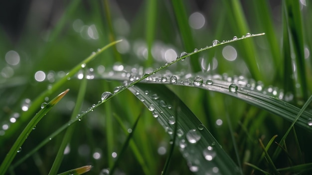 Close up of water droplets on blades of grass