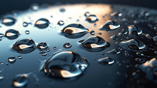 Close up of water droplets on a dark blue surface