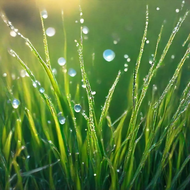 a close up of water droplets on a grass