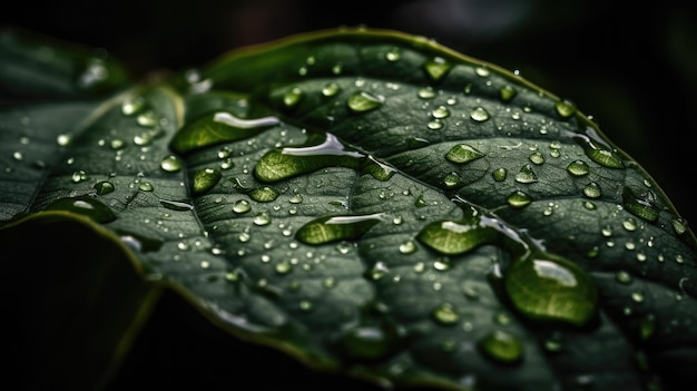 A close up of water droplets on a green leaf