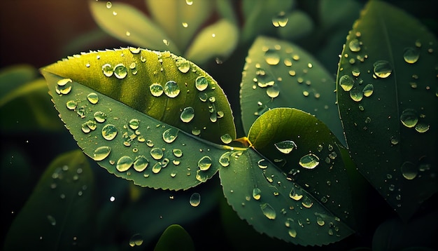 A close up of water droplets on a green leaf