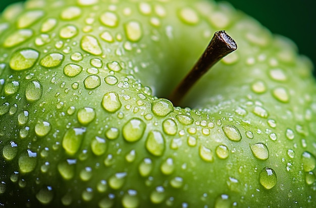 close up of water droplets on the surface of an apple