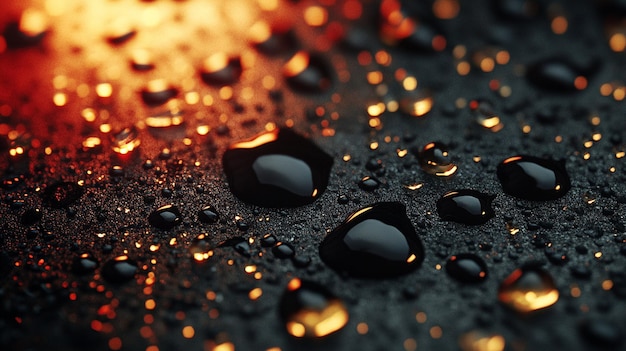 a close up of water drops on a black surface