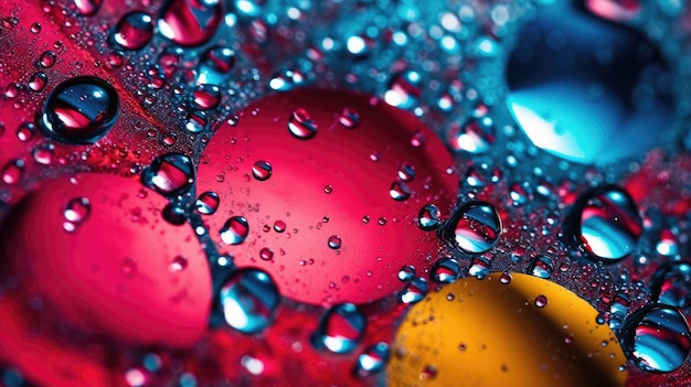 A close up of water drops on a colorful surface