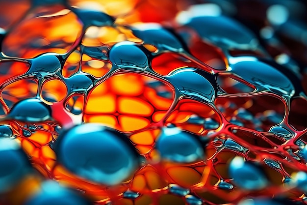 A close up of water drops on a red background