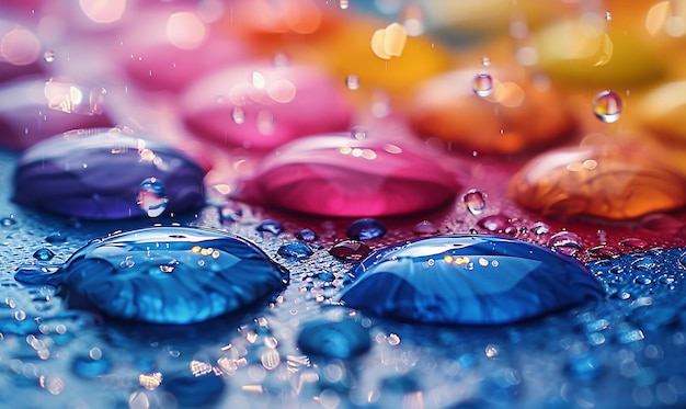 a close up of water drops with blue and pink flowers