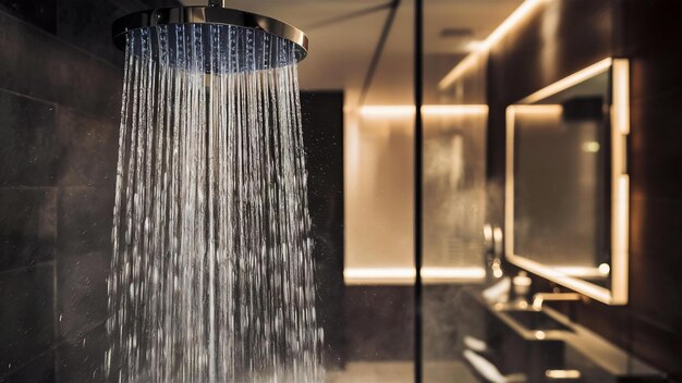 Close up of water flowing from shower in the bathroom interior