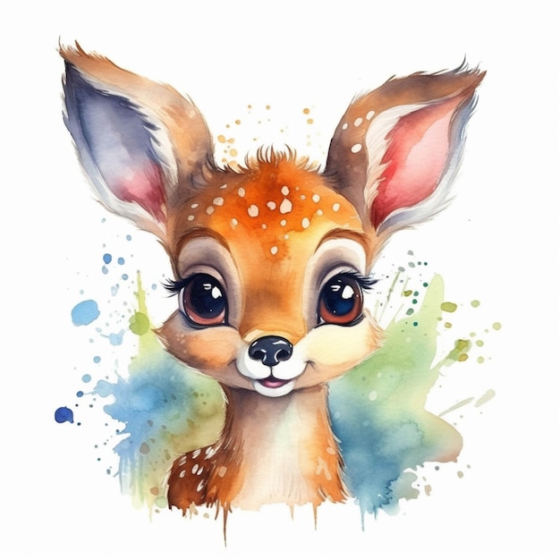 A close up of a watercolor painting of a fawn with big eyes generative ai