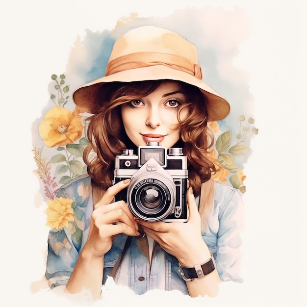 Close Up Watercolor Woman Carry Camera Concept