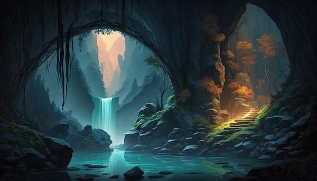 Close up of waterfall in cave with the background generative ai