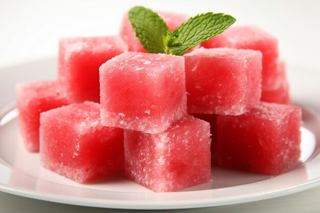 Close up of Watermelon Cubes on a White Plate