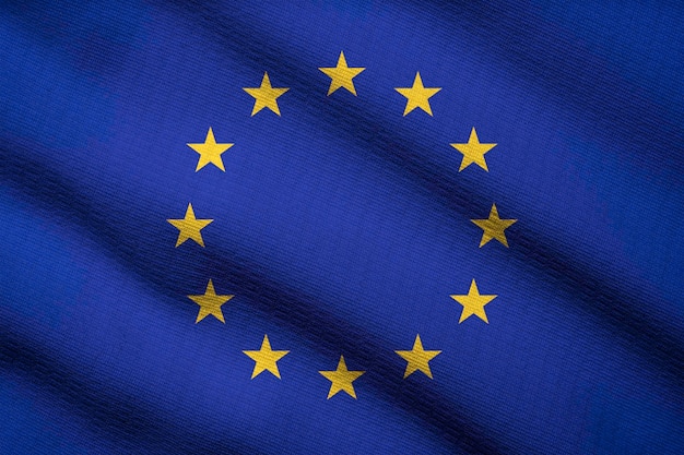 Close up of waving of European Union or EU silk flag for Independence Day concept