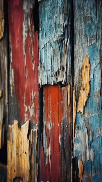 A close up of a weathered door with peeling paint.