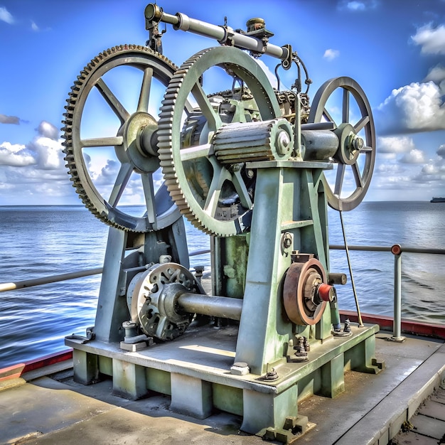 Photo a close up of a weathered industrial marine winch with gears a metal shaft and a lever