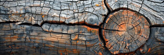 Photo close up of weathered tree trunk with cracks and circular patterns