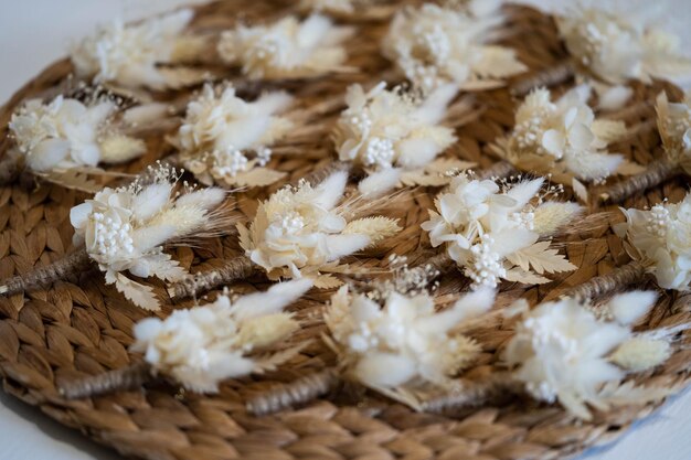 Close up of wedding boutonnieres Concept wedding love romance