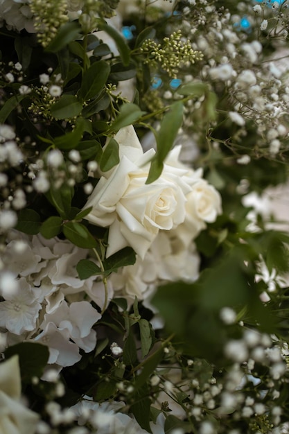 Close up of wedding decorations with white fresh flowers Tender wedding arrangements