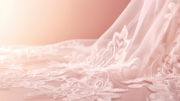 A close up of a wedding dress with laces and a pink background.