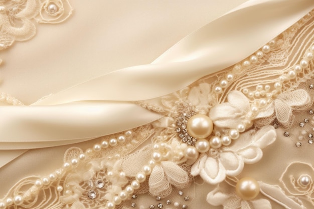 A close up of a wedding dress with pearls