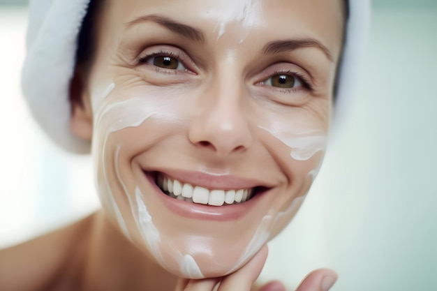 a close up well lit shot of a smiling woman with traces of an anti age cream on her forehead and ch