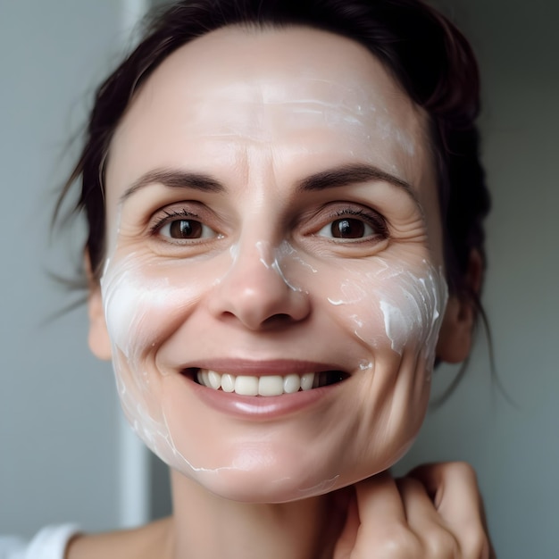 a close up well lit shot of a smiling woman with traces of an anti age cream on her forehead and ch