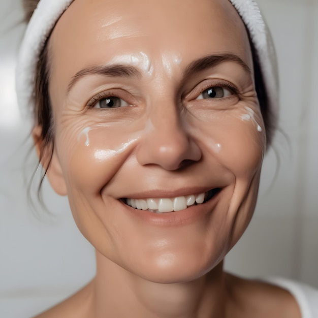 a close up well lit shot of a smiling woman with traces of an anti age cream on her forehead and ch