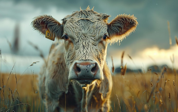 Close Up Of A Wet Cow In A Field At Sunset