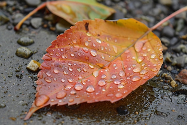 Photo close up of wet fallen leaf with rain drops on the road