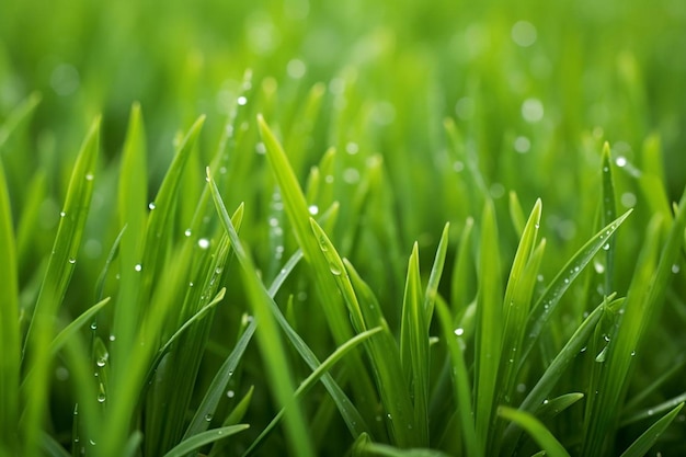 Close up of wet green grass selective focus