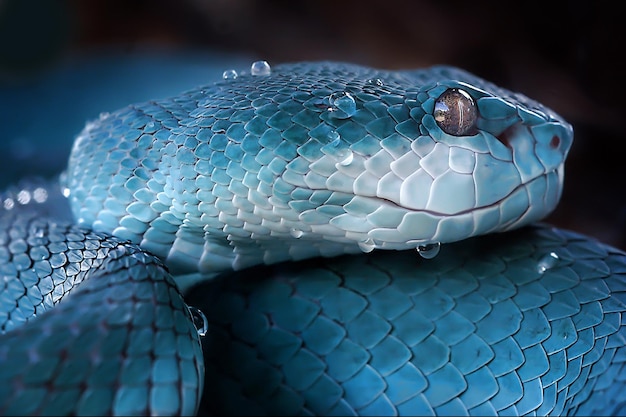 Close-up of wet turquoise snake against black background