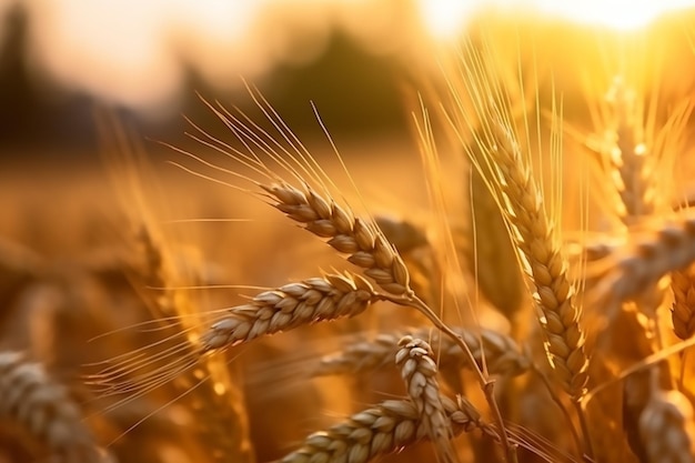 Close up of a wheat field with the sun setting