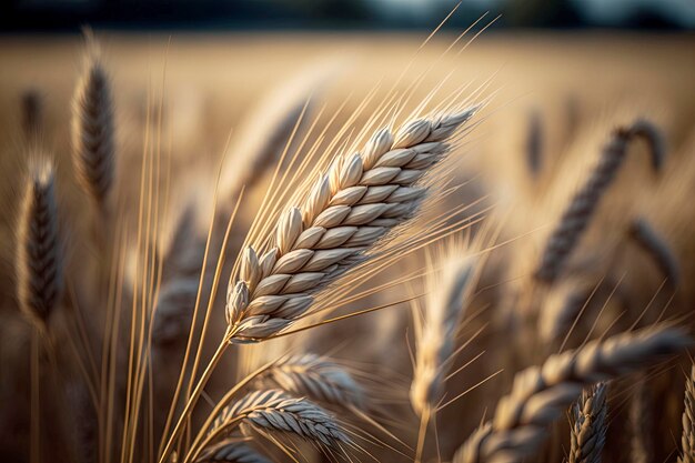 A close up of a wheat field with the sun shining on it.