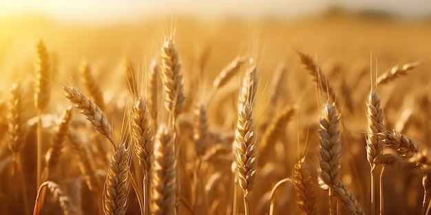 A close up of a wheat field with the sun shining on it