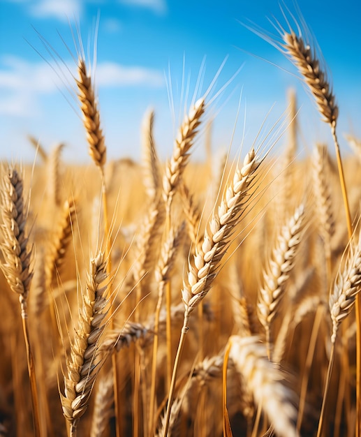 Close up wheat fields blue sky and sunny day