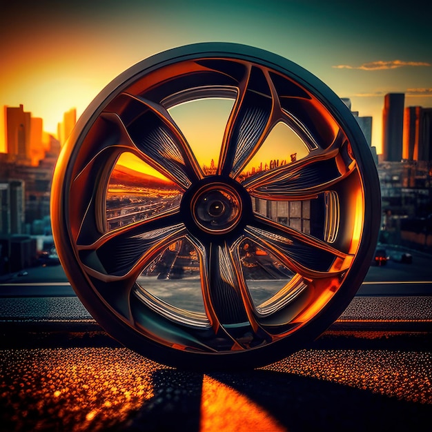 A close up of a wheel with a city in the background