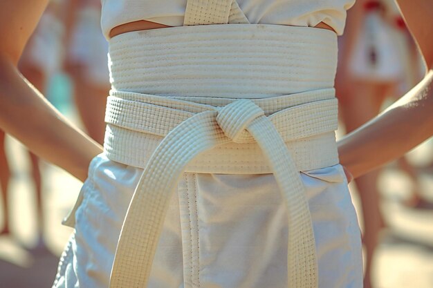 Close up of white belt worn by students during karate class focus on the texture and fabric of mart