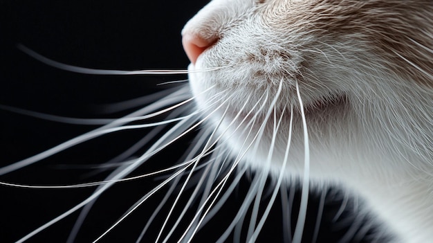 Photo close up of white cat whiskers on dark background