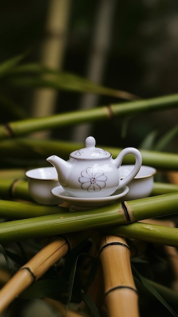 Photo close up of white chinese tea set on bamboo