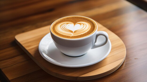 Close up white coffee cup with heart shape latte