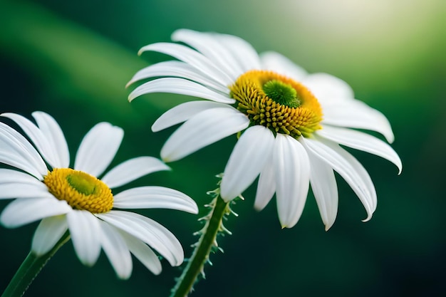 A close up of a white daisy with a green background