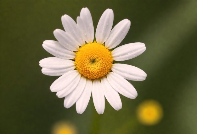 Photo close up of a white daisy with a yellow center against a green background with soft focus white