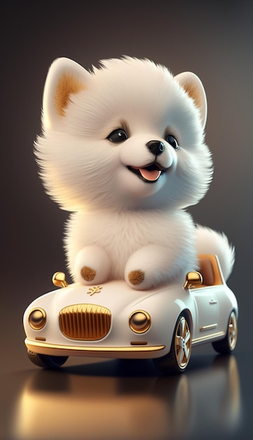 Close up of white dog sitting in toy car generative ai