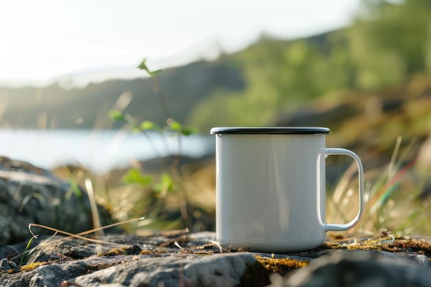 Close up white enamel mug in lake summer hiking camp Generative AI