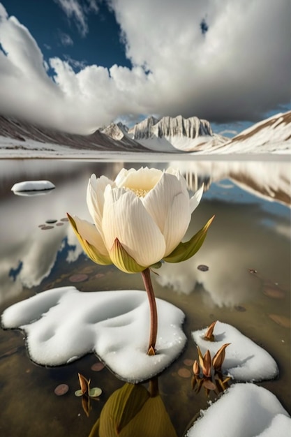 Close up of white flower sitting on top snow covered ground generative ai