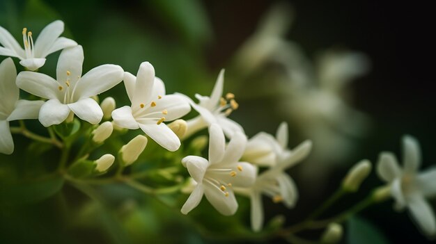 A close up of a white flower with the word jasmine on it